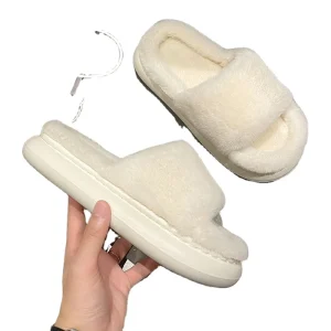 Ins Home Slippers Women’s Flat Platform Shoes Female Lady Fur Flip Flops Slides Soft Plush Cotton Indoor Winter