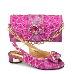 Italian Design Women’s Crystal PU Summer Shoes Bag Set Floral Pattern with Rhinestone Decoration Flat for Wedding Occasions