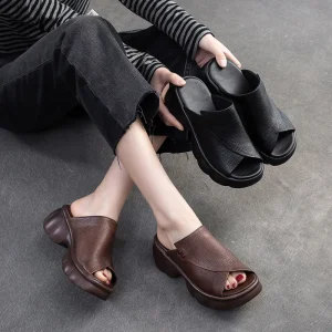 Jie Zhou Summer New Retro Women’s Thick Soled Fish Mouth Slip On Sandals Comfortable Casual Fashion All Match Cowhide Upper