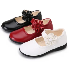 Kids Mary Jane Shoes Hook and Loop Strap Leather Flower Non Slip Sole Princess Dress Shoes For Girls OEM ODM