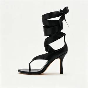 Kingdi Shoes Women’s Black Satin Lace up Heeled Sandals Thong Flip Flop Stiletto Heels Ankle Wrap Bow Wedding Party Shoes