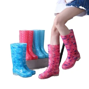 Klh496 Women’s PVC Rubber High Tube Waterproof Rain Boots Printed Non Slip Wear Resistant Rain Boots