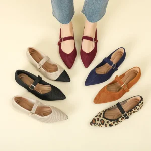 Knit Flats for Women Pointed Toe Flats Casual Ballet Flats with Ankle Strap Mary Jane Shoes Women Comfortable for Dressy Office