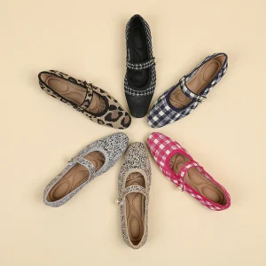 Knit Flats for Women Square Toe Flats Casual Ballet Flats with Ankle Strap Mary Jane Shoes Women Comfortable for Dressy Office