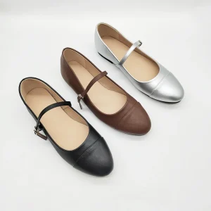 Korean & French Style Women’s Retro Mary Jane Flat Shoes All-Match Silver Single-Strap Dress Shoes