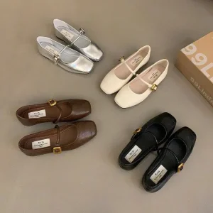 Korean Retro Style One-Strap Loafers Women’s Summer Silver Mary Jane Flats Small Leather Shoes French Design