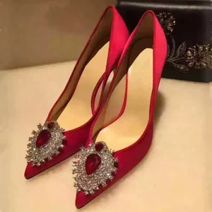 Korean Spring and Autumn Water Pointed High Heels Wedding Shoes Red Silk Sexy Shallow Mouth Women’s Single