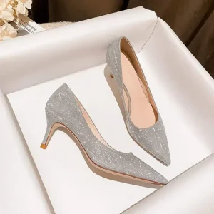 Korean Style Elegant Wedding Shoes Women’s New Bride Bridesmaid Champagne Gold Crystal Stiletto Heel Slip-On Not Tired Feet