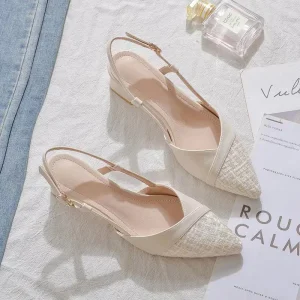 Korean Style Elegant Women’s Pointed Toe Plaid Patchwork Lace-Up Slip-On Square Heel Fashion Strappy High Heel Dress Shoes