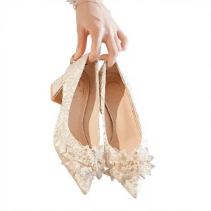 Korean Style Solid Pointed Toe Women’s Rhinestone Bud Engagement Bridesmaid Wedding Shoes Thick Heel High Heels 588-a2