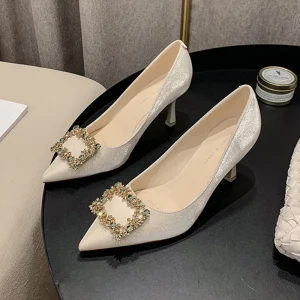 Korean Style Square Buckle Rhinestone Banquet Red Wedding Shoes Women’s Pointed Stiletto Heel Slip On Satin Rubber Outsole Bride