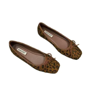 Korean Style Square-Toe Leopard Print Slip-On Loafers for Women French-Style Bow-Knot Autumn Fashion Trend Shoes