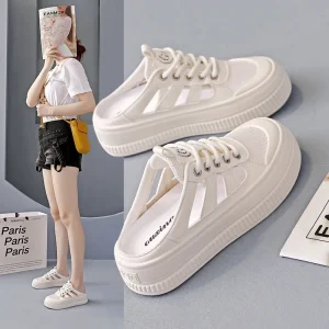 Korean Style Summer New Women’s Half Slipper White Sneakers Breathable Student Height Increasing Casual Shoes