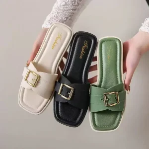 Korean Style Women’s K Style Open Toe Mules Flats Casual Summer Fashion with Square Buckle for Beach or Student Life in Spring