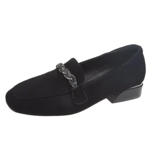 Korean Version Suede Flats Women’s British Style Low Heel Single Shoes Square Head Loafers Chunky Grandma Peas Shoes