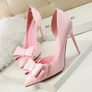 Korean-style Summer Fashionable Delicate Bow Slip-On High Heels Thin Stiletto Pointed Toe Side Cutout Wedding Shoes Women’s