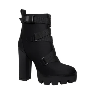 LQ003 Women’s Roman Boot Winter Autumn Mid Calf Breathable Black Imitation Lycra Sexy Waterproof Platform High Heel