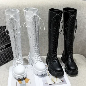 Lace Up Platform High Knee Boots Women Pu Leather Chunky Heels Boots Woman Thick Bottom Long Boots Female