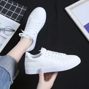 Lace Up White Women’s Sneakers Breathable Low Top PU Leather Flat Casual Shoes Soft Soled Walking Style Shoes
