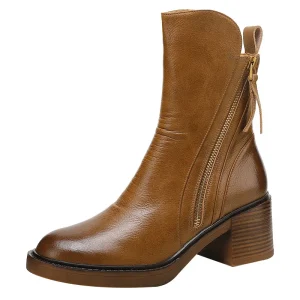 Ladies Ankle Boots Microfiber Leather Platform Block Heel Boots with Zipper
