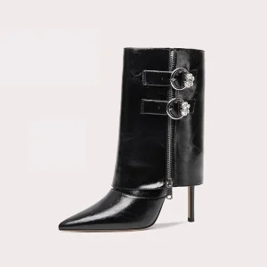 Ladies Boots Midi High Synthetic Leather Pointed Toe Pencil Heel Punk Boots High Heel Boots with Zip