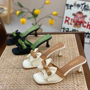 Ladies Bow Knot Summer Slippers Open Toe Head Women’s Mid Heeled Slipper Fashion Stiletto Slide Sandals Dress Shoes