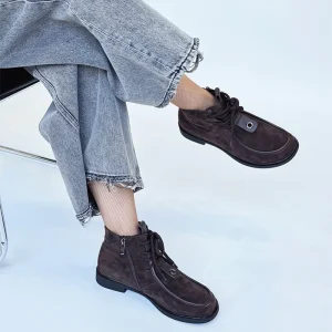 Ladies Brown Cowhide Ankle Boots Lace Up Light Weight Breathable Soft Spring Autumn Summer