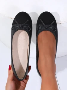Ladies’ Casual PP Raffia Woven Ballet Flats with Bow Round Toe Soft Sole Daily Shoes