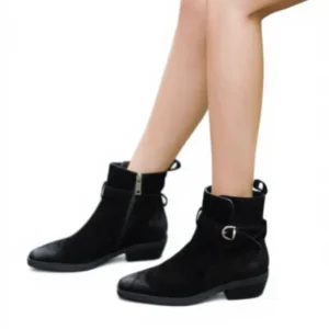 Ladies’ Comfortable Chelsea Short Boots Pointed Flat Bottom Thick Heel Fashionable Metal Buckle Women’s Shoes