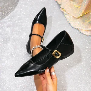 Ladies’ Elegant Hidden Wedge PU Leather Mary Jane Dress Flats with Gold Buckle