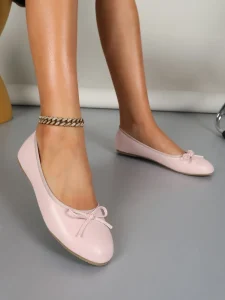 Ladies’ Elegant Pink PU Ballet Flats with Bow Non slip Soft Sole Spring Summer Autumn Daily Flat Shoes