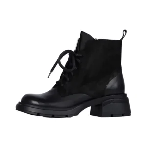 Ladies Girls’ High Top Ankle Boot Genuine Leather Chunky Heel Anti Slippery Warming Fashion Trend Lace Up Short Plush