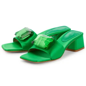 Ladies Green Satin Open Toe Rhinestone Party High Heel Shoes Slide Heeled Mule Slippers Chunky Women’s Shoes