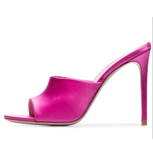 Ladies High Heel Slides Mules Pointed Toe Slip-On Party Shoes in Nude Satin Thin Heel Anti-Slippery Breathable