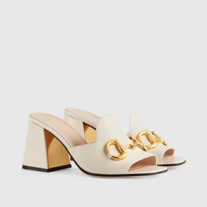 Ladies Horsebit Mules Low Square Thick Heel White Pu Outdoor Peep Toe Women’s Sandals