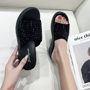 Ladies’ Lightweight and Fashionable PU Straight line Rhinestone Upper and Rubber 5 centimeter Height increasing Outsole