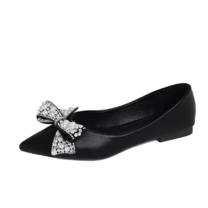 Ladies’ Low Heeled Women’s Single Shoes Pearl Butterfly Pointed Bridal Style Women’s Shoes