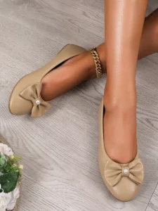 Ladies Nude Flat Shoes Pearl Bowknot Round Toe Soft Leather Comfortable Daily Walking Ballet Shoes