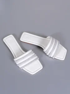 Ladies Pearl Rhinestone Embellished Flat Slide Sandals Casual Outdoor Slippers