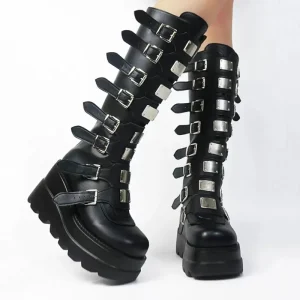 Ladies Plus Size Leather Buckle Platform Thick Sole Long Boots Women’s Wedge Heel Knee Boots