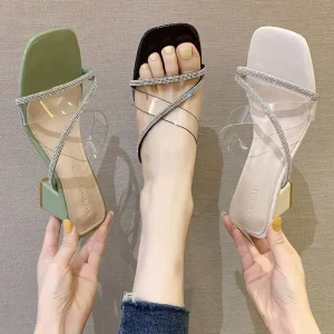 Ladies Rhinestone Heeled Slippers Women Slippers Sexy Square Toe Block Heel Women’s Sandals