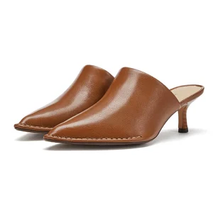 Ladies Spring Autumn Summer Stiletto Kitten Heels Mules Pointed Closed Toe Backless Slip On Soft Comfort Genuine Leather Heeled
