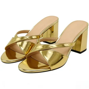 Ladies’ Summer High Heeled Sandals Women’s Simple Pointed Toe Gold Shoes with Slip On Closure Type