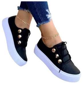 Ladies Tennis Sneakers Lace-up Design Solid Color Flats Thick Sole Women’s Casual Shoes Walking Style Upper Leather PU