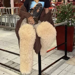 Ladies Trendy High Quality Mongolian Tan Sheep Wool Plush Fluffy Warm 72cm Over the Knee Boots for Women