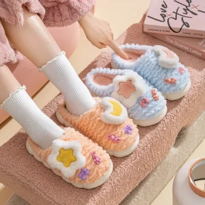 Ladies’ Winter Cotton Slippers with Cute Stars Moon Thick Woolen Home Warm Slippers with PU Insole Animal Style Baby Slippers