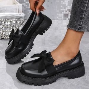 Ladies Women’s Casual Platform Loafers Slip On Non slip Outdoor Shoes with Bow Leather Breathable for Autumn Season