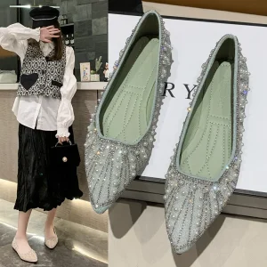 Ladies Women’s One Strap Ballet Flats Versatile Single Pointed Toe Pearl Flat Hollow Out Shoes