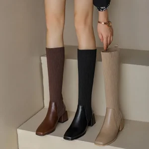 Lady Fashion High Heel Women’s Sexy Mesh and Leather Long Combat Boots Height Increasing for Autumn and Spring