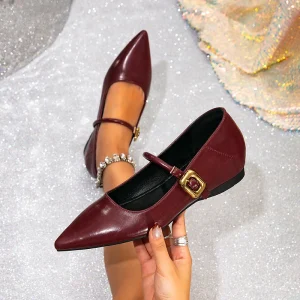 Lady Pointed Mary Jane PU Flat Shoes with Insole Heel Wine Red Leather Suitable for Both Office and Casual Wear